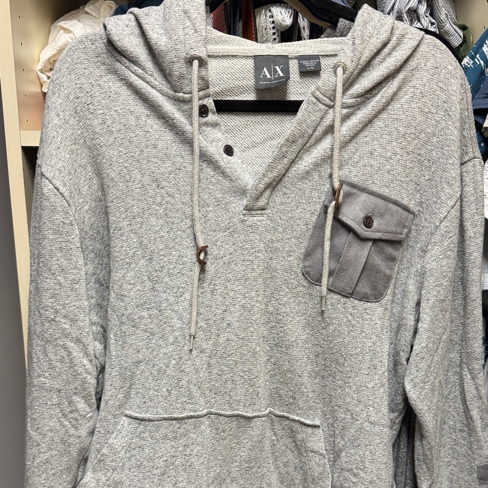Armani Exchange Gray Hooded Sweater with Pocket